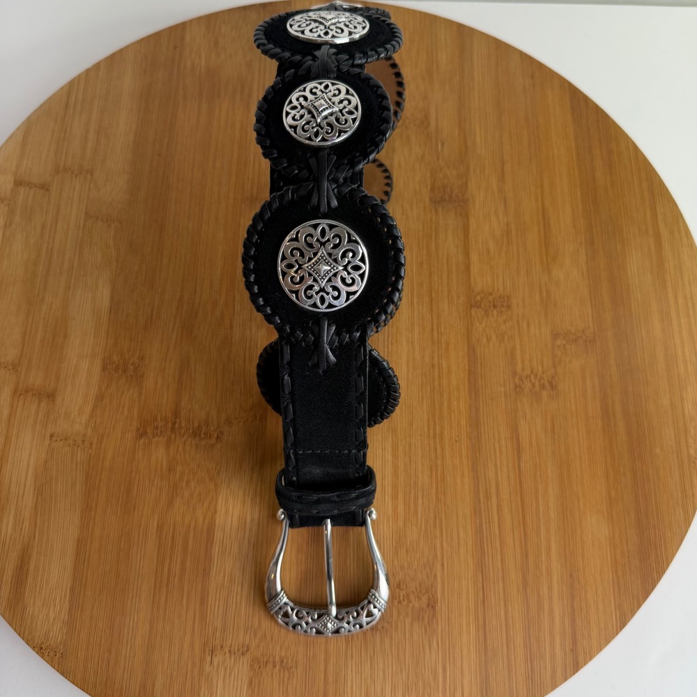 Brighton Black Suede Concho Belt Silver Filigree Medallion Whipstitch 32 B30883